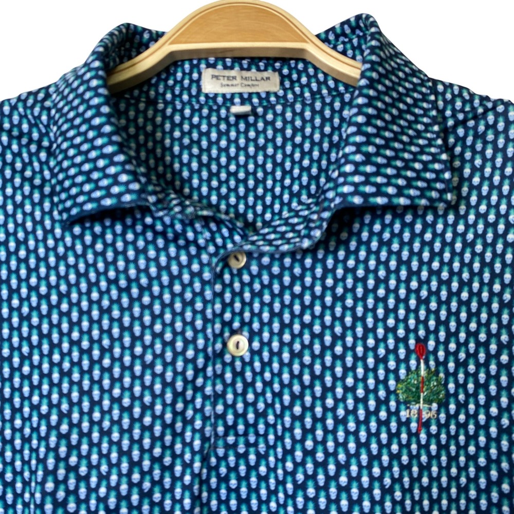 Peter Millar Pina Skullada Golf Polo Mens L Navy Pineapple Skull Summer Comfort